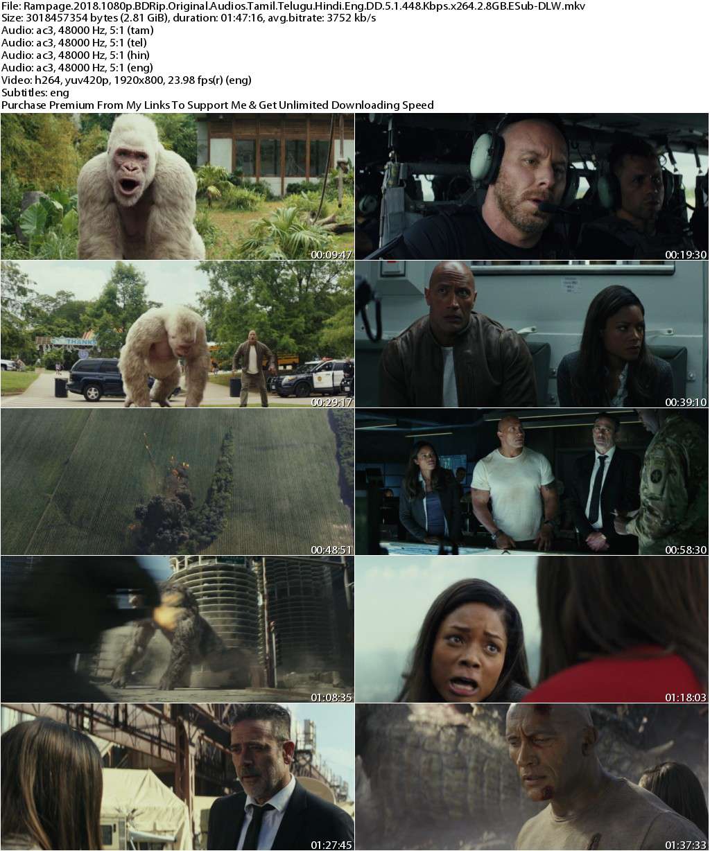 Rampage (2018) 1080p BDRip Original Audios [Tamil+Telugu+Hindi+Eng] DD 5.1 448 Kbps x264 2.8GB ESub-...