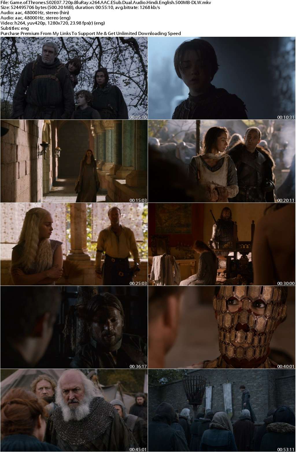 Game of Thrones S02E07 720p BluRay x264 AAC ESub Dual Audio Hindi English 500MB-DLW